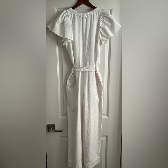 Zara White Rustic Cap Flutter Sleeve Jumpsuit Belted Cotton Summer Sz Small - Picture 14 of 16